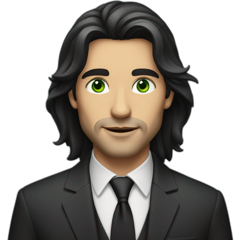 a man with long dark hair in a suit, green eyes emoji