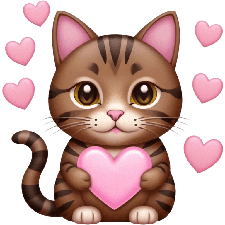 Dark brown tabby cat with multiple light pink hearts around it emoji