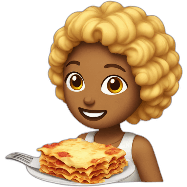 chica morena con pelo afro comiendo lasagna emoji