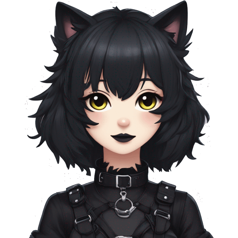 Gorgeous gothic dark techwear anime style anthro black cat furry with blushing face aesthetic and pretty edgy black with collar and harness trending style emoji