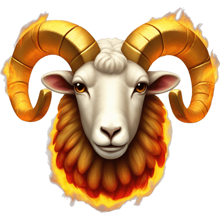 Realistic ram on fire made of burning realistic fire flames red yellow flaming wool Aries goat ram with golden horns fiery fur emoji