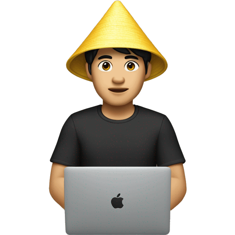 A memoji-style Vietnam man with yellow skin sitting at a desk. He has black hair and is wearing a traditional Vietnamese conical hat and a black shirt. In front of him is a laptop like macbook with a logo styled as '</>' on the back emoji