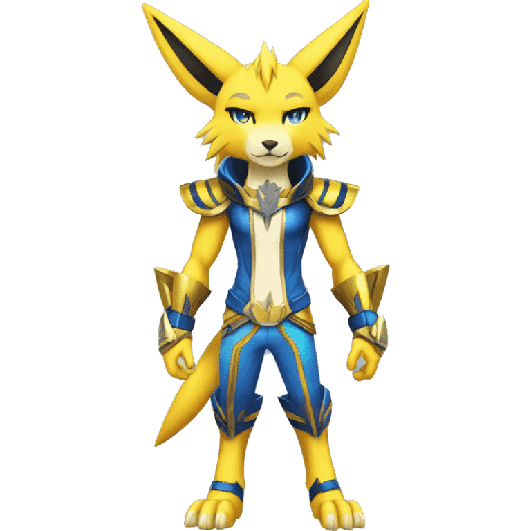 Yellow Anthro Edgy Cool Sonic-Zeraora-Anubis-Renamon-Jolteon-Pokémon-Fakémon with shiny blue stripes Full Body Detailed High Quality  emoji