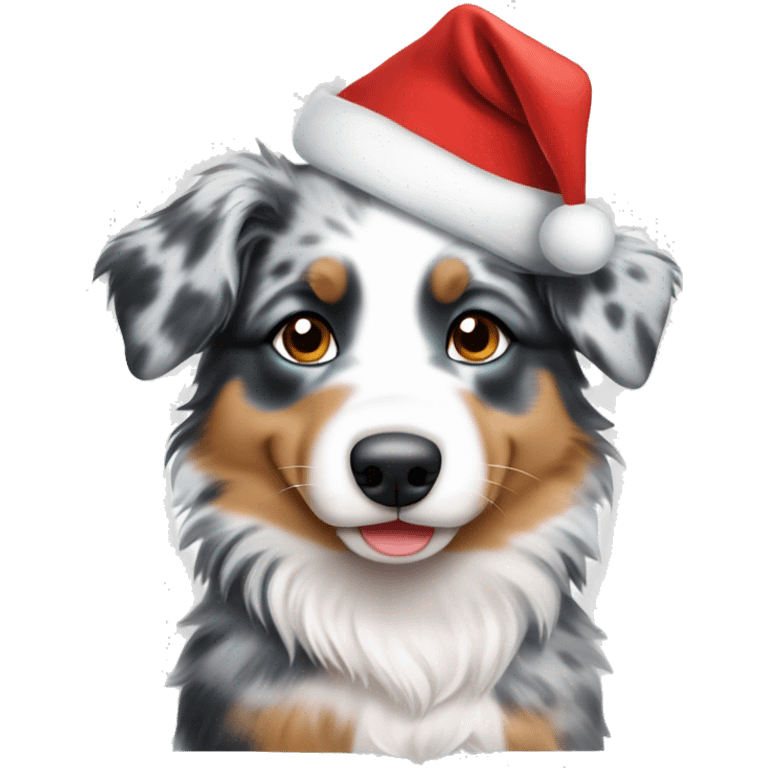 a blue merle australian shepherd puppy in a santa hat emoji