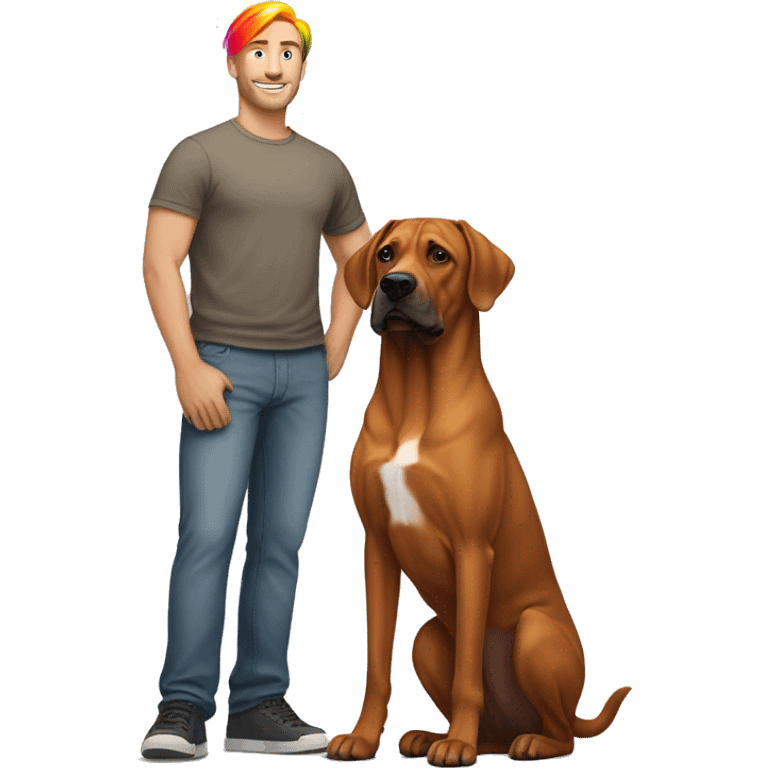 white male with rainbow colored hair standing alongside a brown rhodesian ridgeback dog emoji