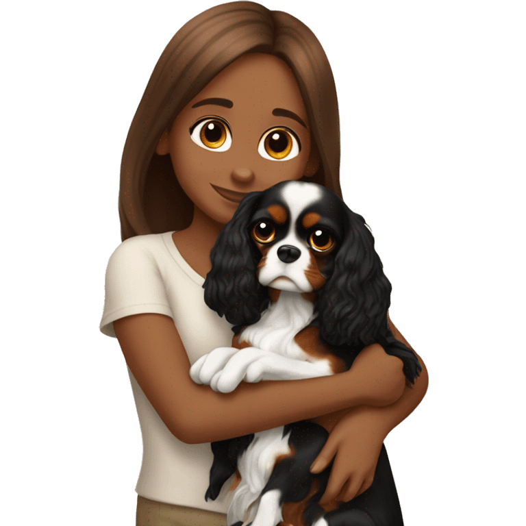 cute girl hugging two black and brown cavalier king charles spaniel  emoji