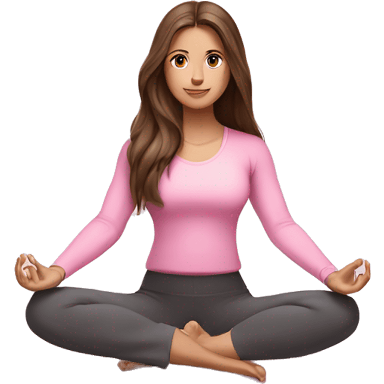 Brunette long hair and blue eyes yoga beautiful girl in light pink pink pink clothes sitting on a yoga mat emoji