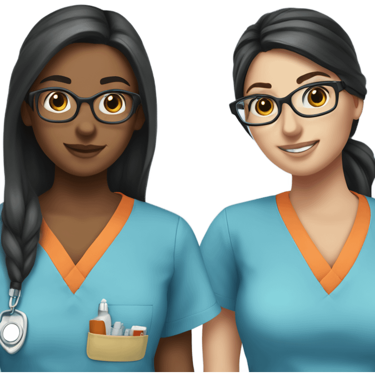 Best friend nurses in blue scrubs one has glasses with long black hair in a pony tail, the other has long dark brown hair with freckles emoji