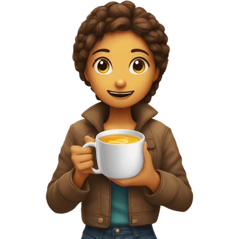 Chica de pelo y ojos marrones con pecas en la cara debajo de una manta y una taza humeante en las manos emoji