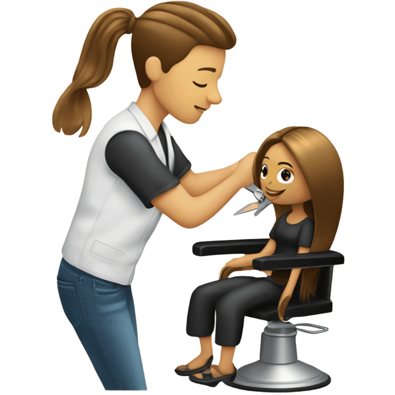 “Create an emoji depicting a hairdresser styling a client’s hair. The hairdresser is holding scissors or a comb, and the client is sitting on a chair. Include details such as the client’s hair and professional tools in the hairdresser’s hands.” emoji