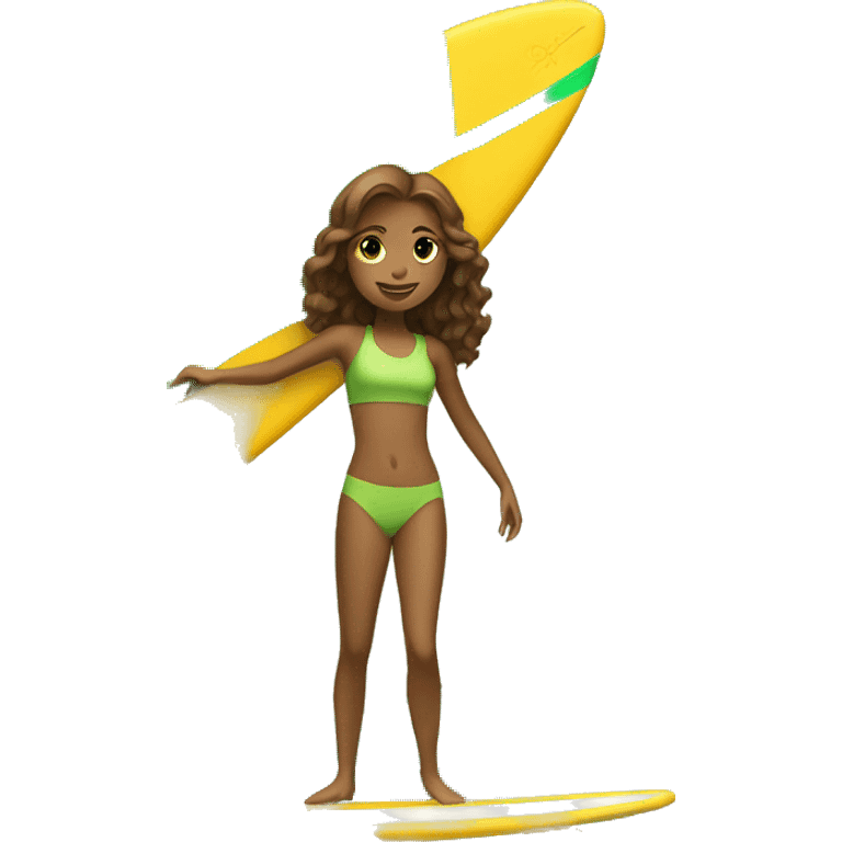 light brown girl surfing green yellow surf board emoji