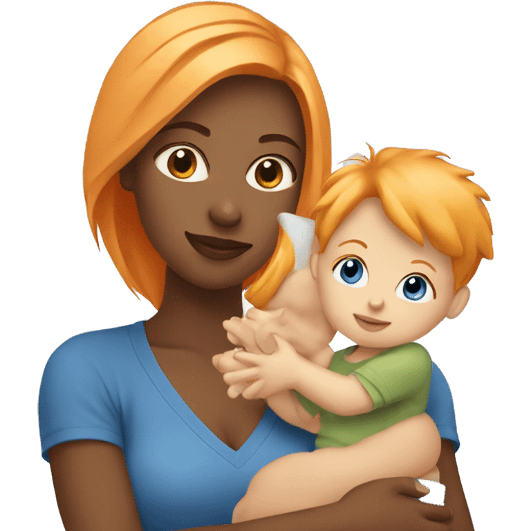 Orange hair girl wearing blue holding a blonde baby boy emoji