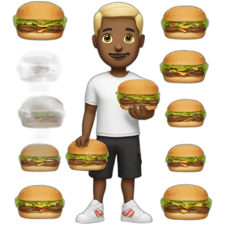 a white man with black short hair holding two burgers wearing sneakers emoji