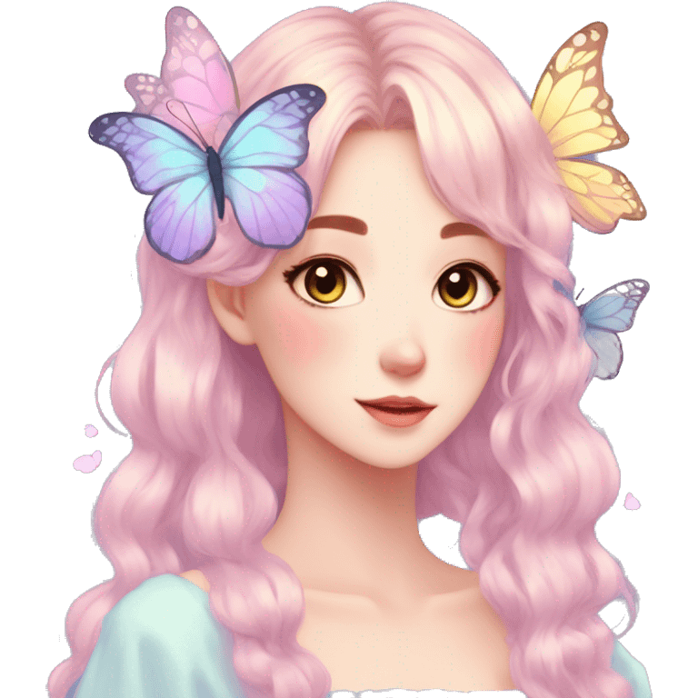 gorgeous anime pastel lady with butterflies and beautiful hair fairycore cottagecore emoji