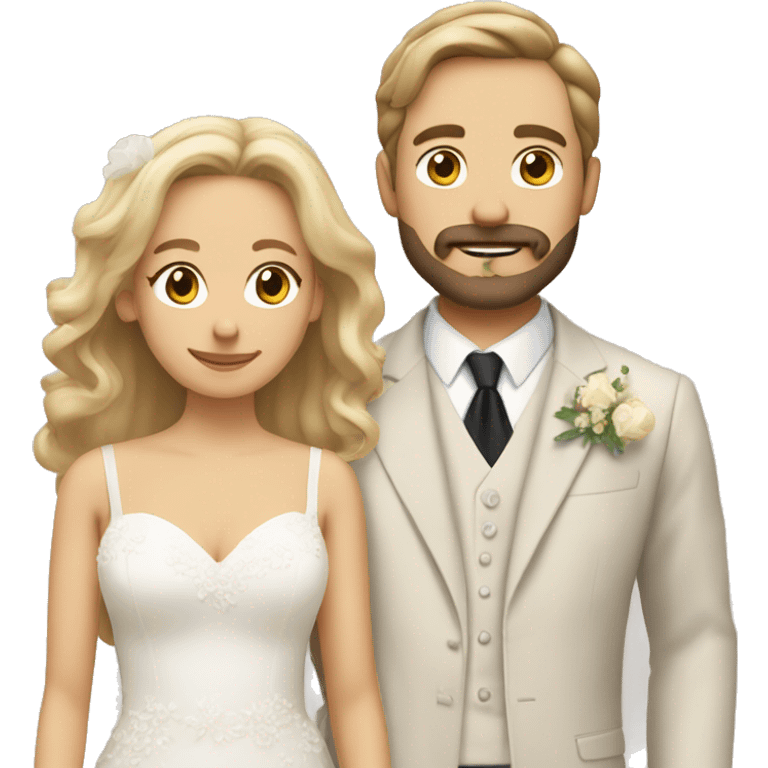 Wedding couple with woman with light tan skin, Sandy blonde hair shoulder length and man with brown hair, beard moustache emoji