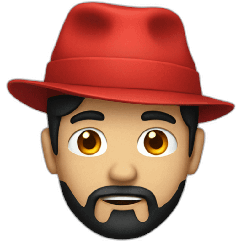 A person with black hair, a red hat, a back shirt, and a skull  emoji