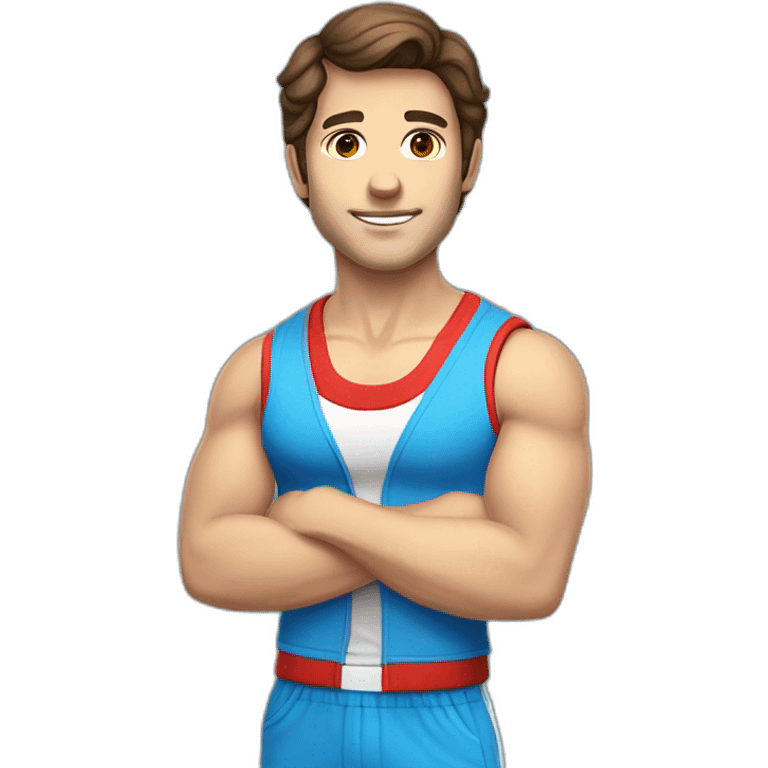 retro 70s blue and red gym clothes for a modern white brunette uni male student with glass emoji