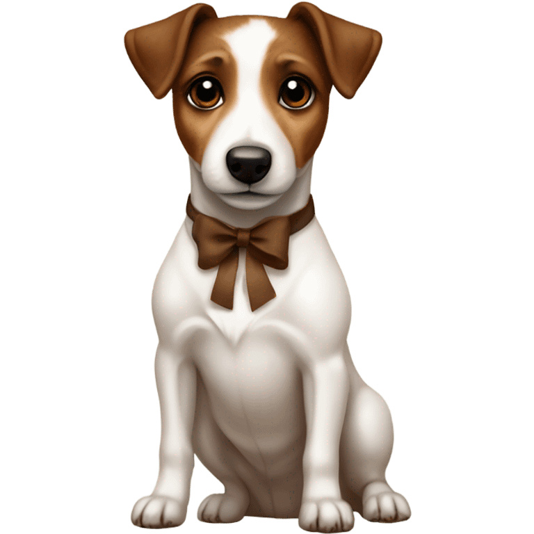 Jack russell terrier with dark brown Stains sitting with a beige bow on his neck emoji