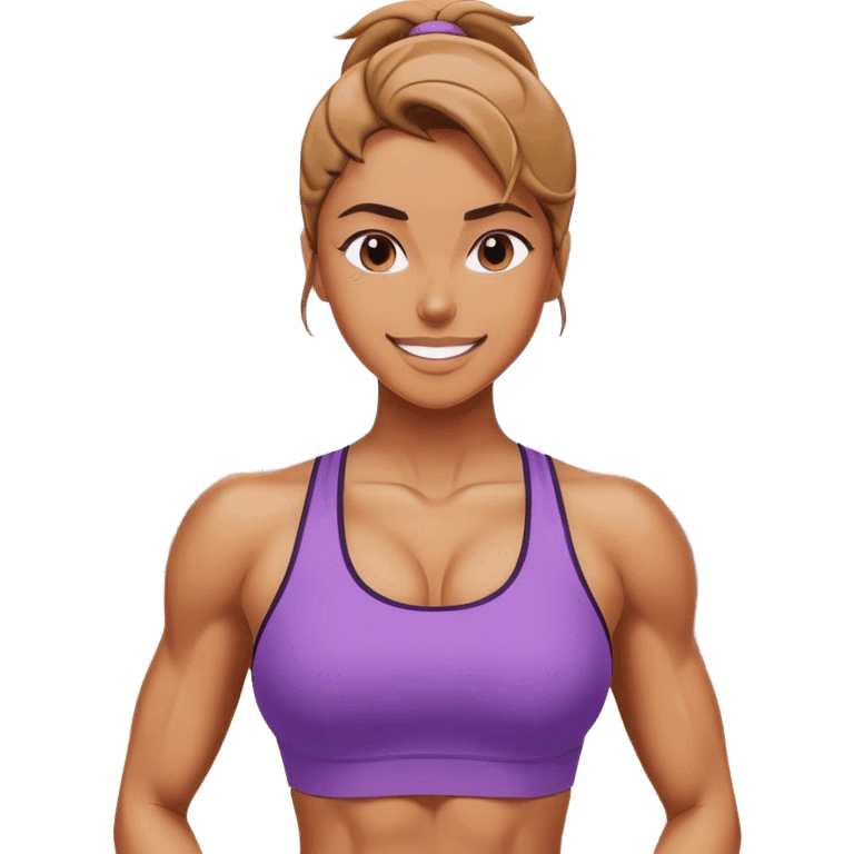 A woman in athletic wear is sweating it out in the gym, her face adorned with a confident smile, her muscles well-defined, showcasing strength and grace. emoji