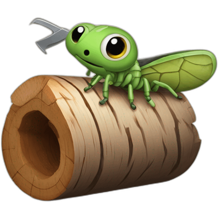 Wood worm that comes out of a log and has big eyes and a saw in his hand emoji