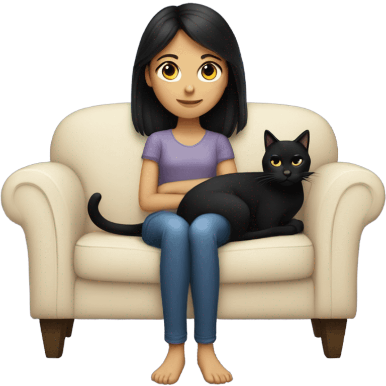 dark haired girl sitting on couch with a black cat in her lap emoji