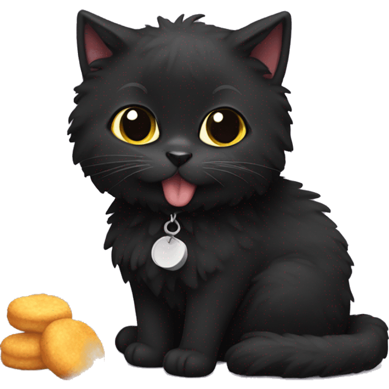 Black fluffy cat eating chicken nuggets emoji