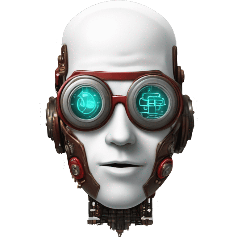 Bald cyborg head with red steampunk goggles, white five o’clock shadow, and circuits emoji