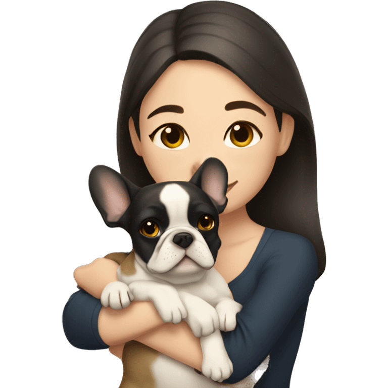 dark haired girl hugging beige french bulldog emoji