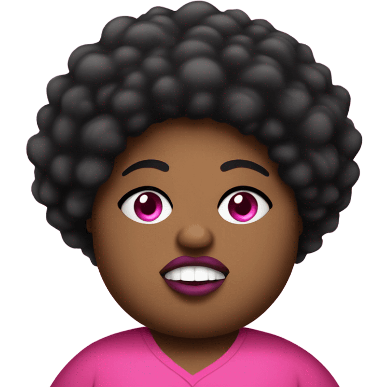 Mad chubby fat black women with a pink shirt that has a big eye ball on her right eye with a long pointy nose with a black short Afro with big lips emoji