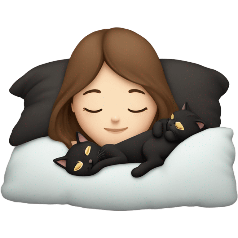 White girl brown hair sleeping, cuddle two black cats emoji