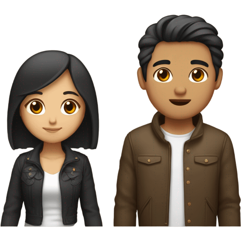 a couple holding hands. the guy has black middle part hair and is Persian and Filipino mix, wearing a jacket. the girl has brown medium length hair white and asian mix, wearing a crop top. emoji