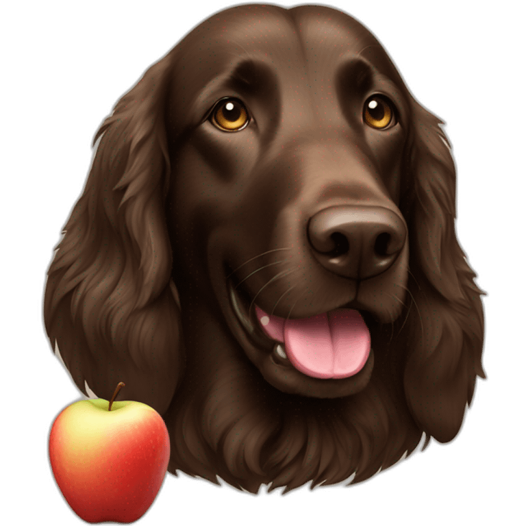 Brown flat coated retriever eating an apple emoji