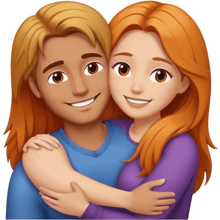 couple hug with warm smiles. The Girl have Brown Long hair und the man blond/orange hair emoji