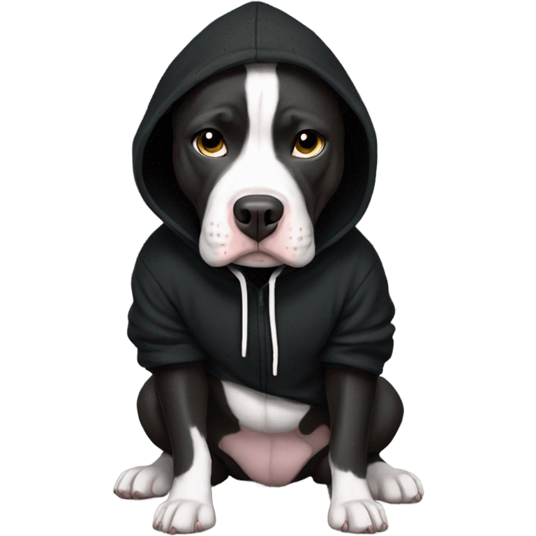 A sad black & white pitbull wear a black hoodie  emoji