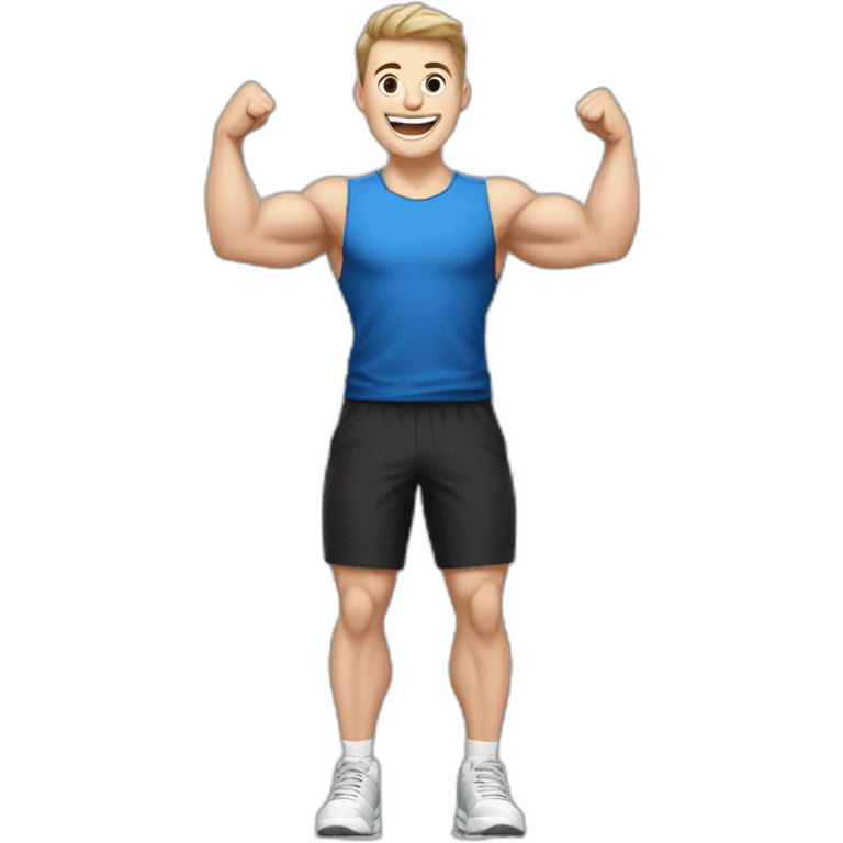 Joyful Celebrating victory Pale skinned Fit Man With the biceps and dark brown hair in black shirt, gray sports shorts and white Sneakers emoji