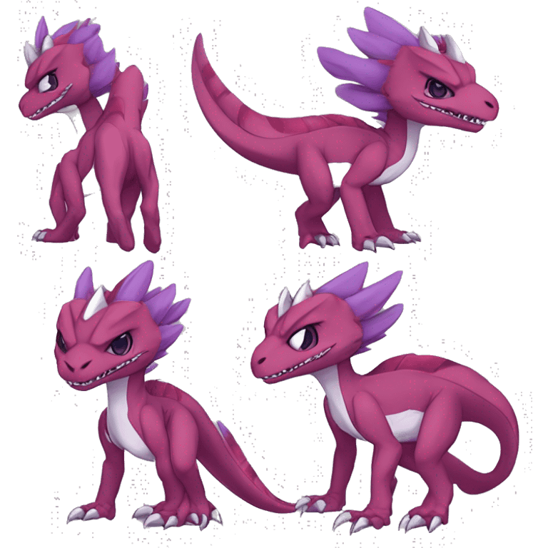 Chibi-Anthro Mauve-maroon-red-violet-colored edgy anthro-genesect-velociraptor-scalie-sona-Fakémon-hybrid with a mane on head and back and horns full body emoji