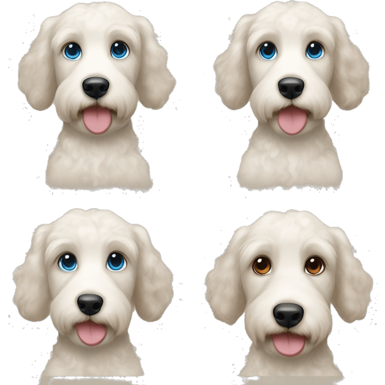 White Labradoodle with dark brown ears and girl with wavy brown hair , blue eyes and light skin emoji