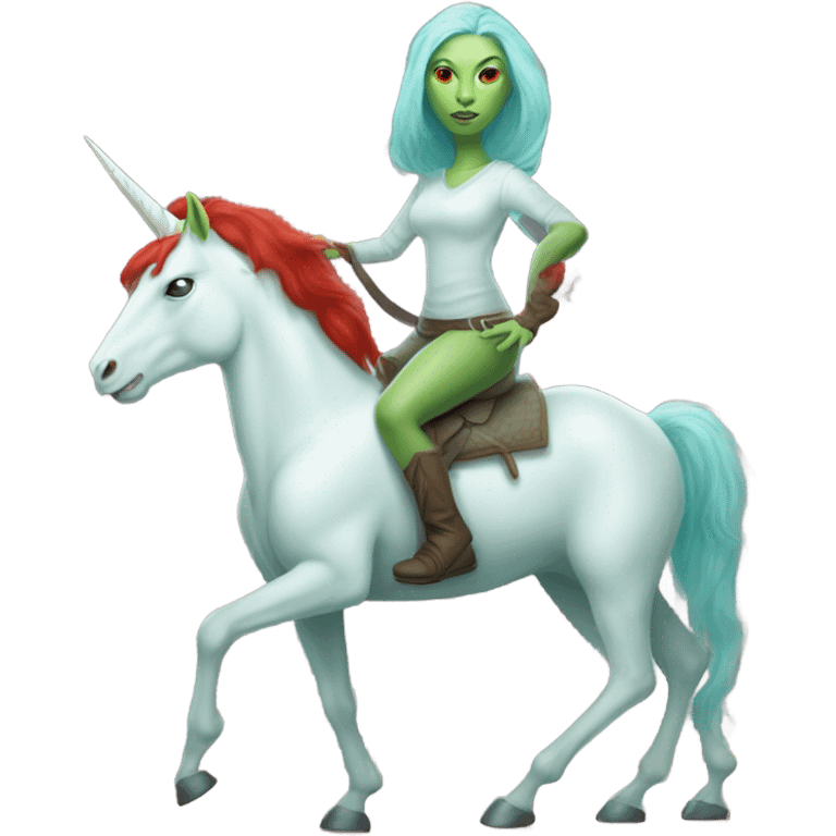 [
	{ woman: alien, color: light green, hair:red, eyes:cat} ]
	on a 
	[{ unicorn: white, legged:six, mane: light blue }] emoji