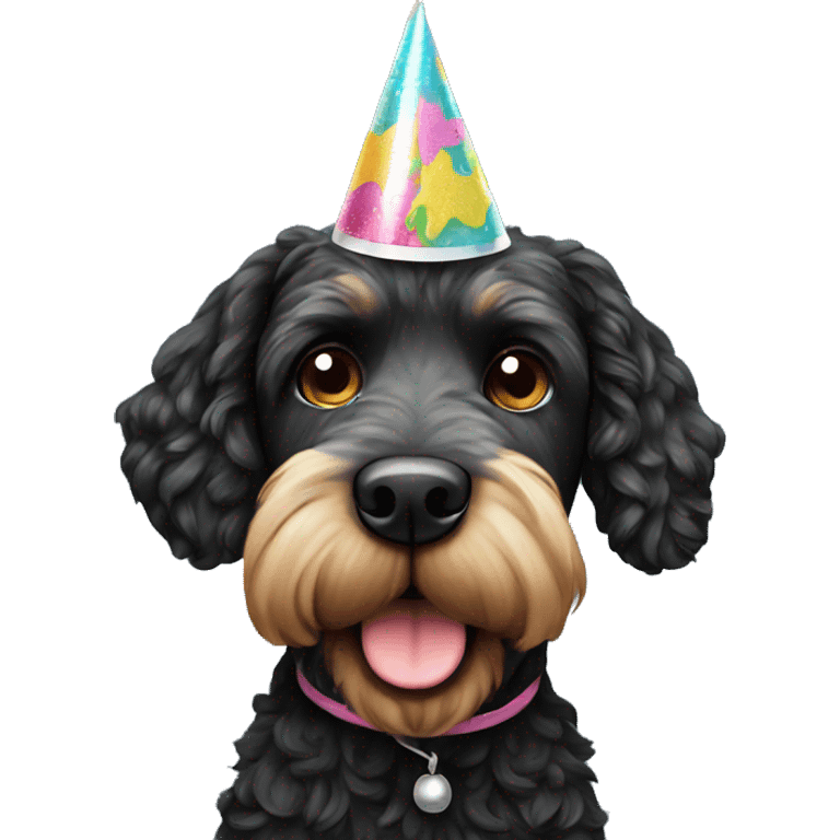 Black doodle dog wearing a birthday hat emoji