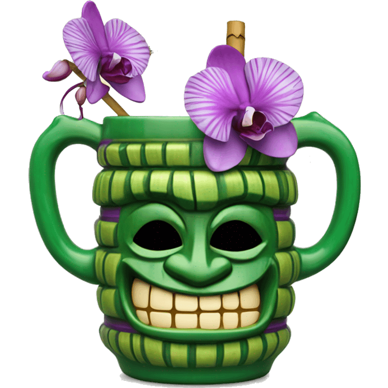 Mid century style Green tiki mug with striped straw and purple orchid garnish emoji