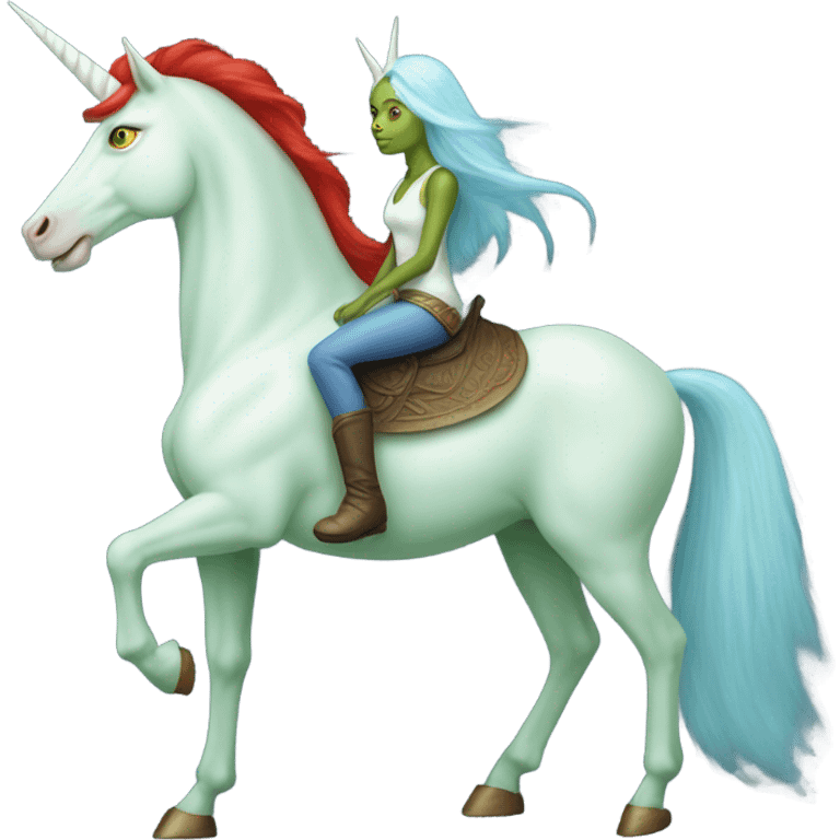 [politically incorrect
	{ woman: alien, color: light green, hair:red, eyes:cat} ]
	on a 
	[{ unicorn: white, legged:four, mane: light blue }] emoji