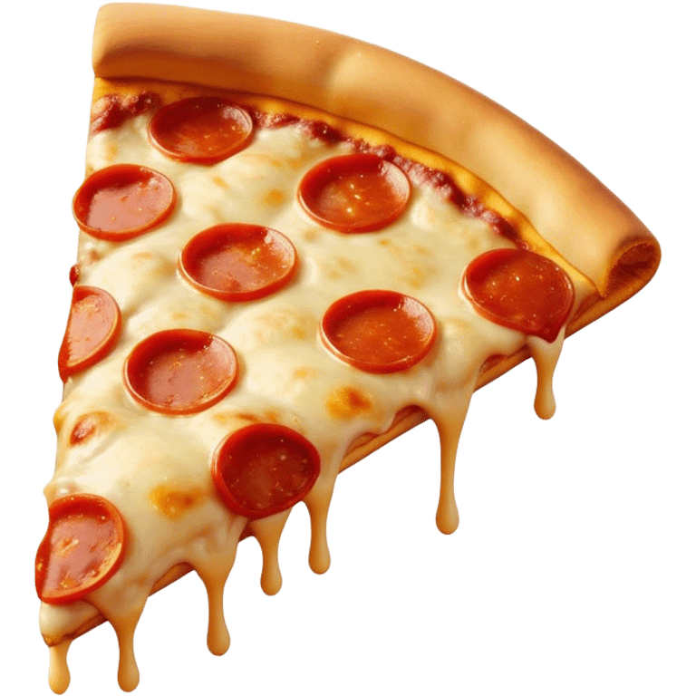 Cinematic cheesy pizza slice, gooey melted cheese stretching as a bite is taken, crispy golden crust, rich tomato sauce, vibrant toppings, warm glowing background, inviting and delicious. emoji