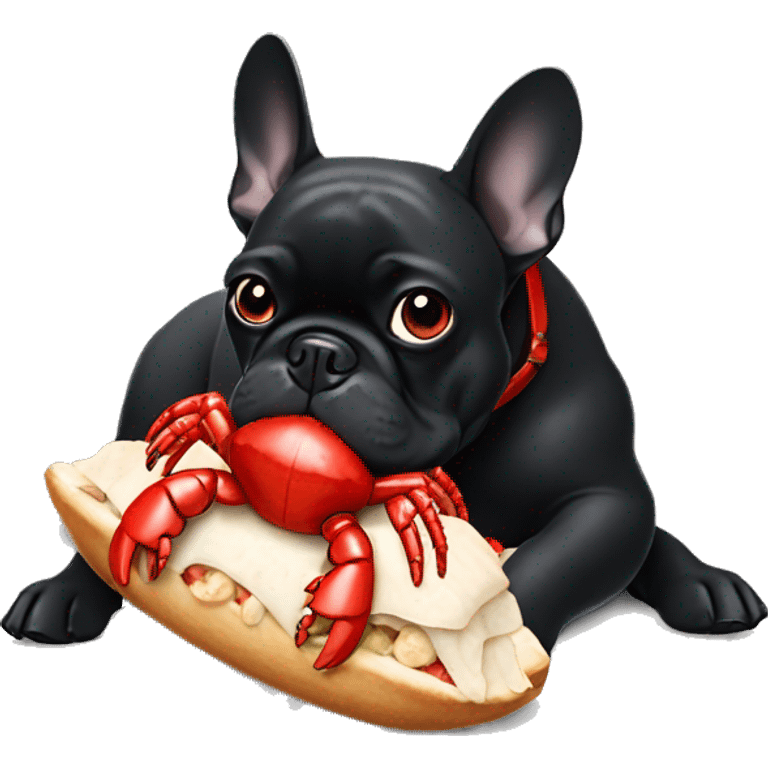 A black French bulldog eating a red lobster toy emoji