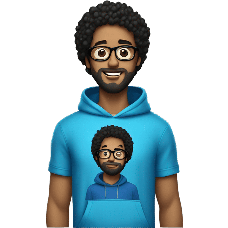 guy with curly black hair with glasses and beard, blue hoodie, sending a kiss  emoji