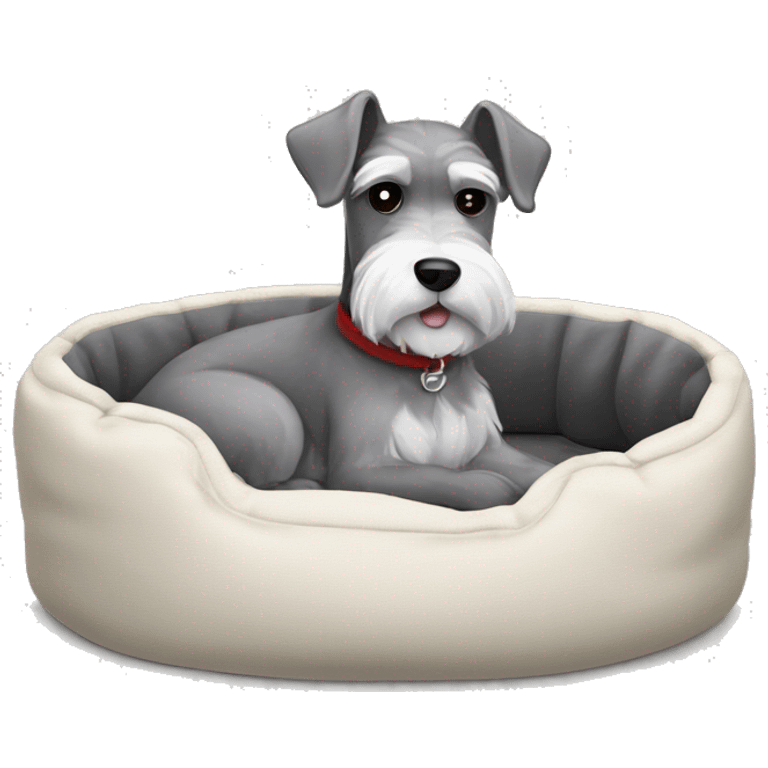 Grey and white mini schnauzer full body asleep in dog bed      emoji