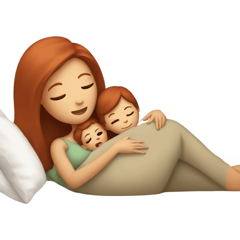 A mother with red hair cuddling her child (brown hair) in bed emoji