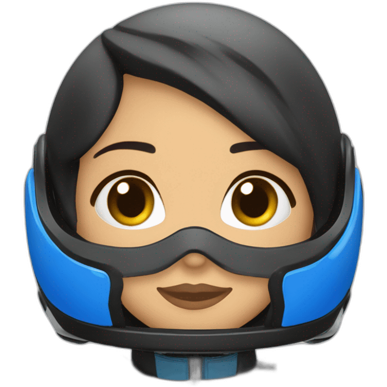 Piloto mulher morena de kart macacão da cor preto com detalhe azul escuro e capacete branco com detalhe azul escuro emoji