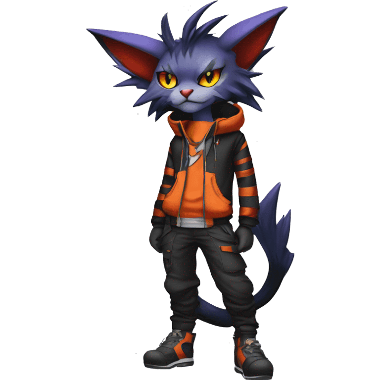 Cool Anthro Noivern-Litten-Feline-Pokémon with edgy stripes hoodie spiked collar punk techwear Cargo Pants Full Body emoji