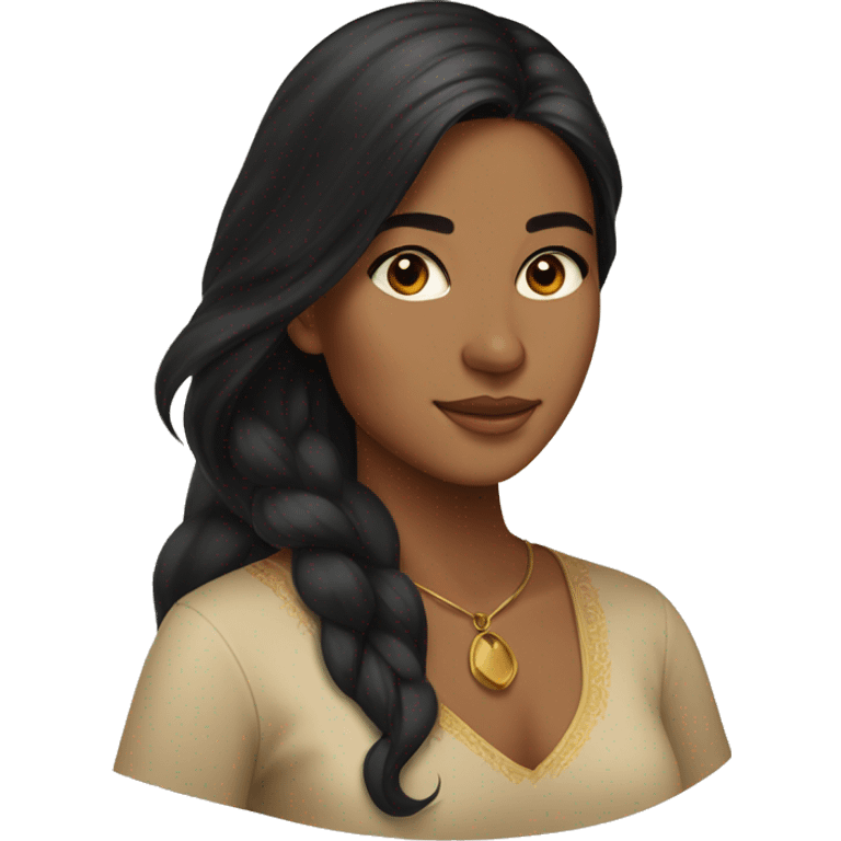  young Gulf woman from the Eastern region with warm, tan skin and long, flowing black hair. Her features reflect a natural elegance, with her radiant complexion complementing the deep, rich tones of her hair. emoji