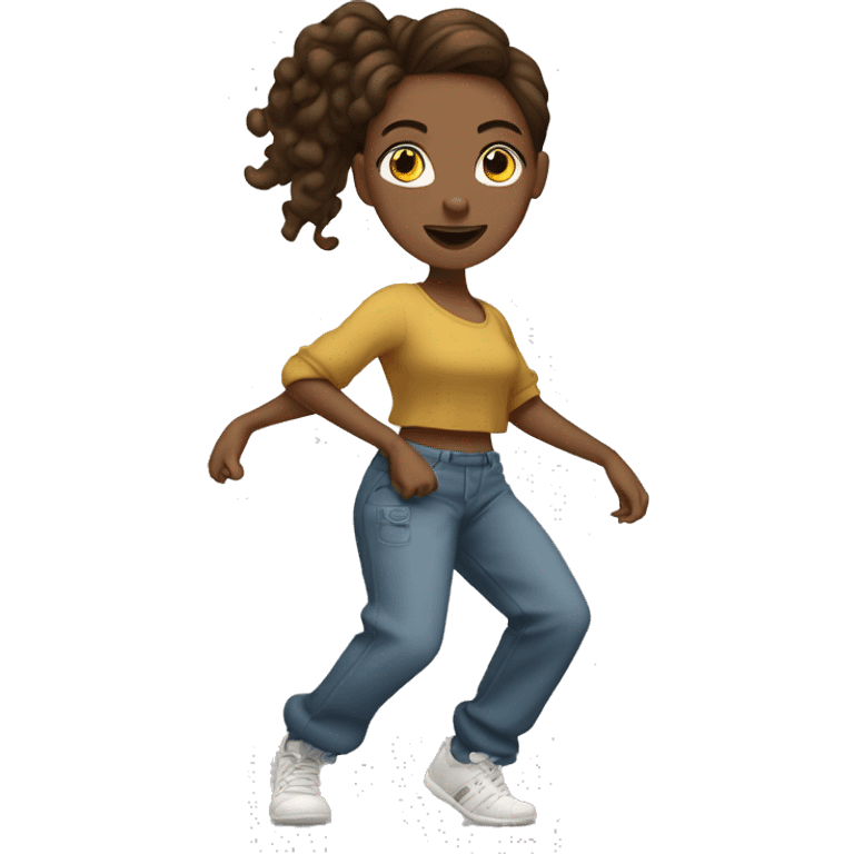 Woman with brown hair and baggy pants and a top dancing hiphop emoji